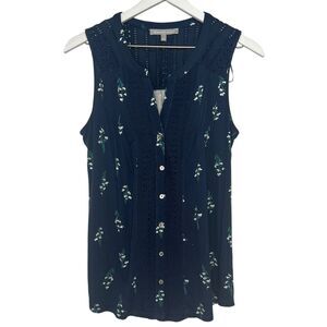 Daniel Rainn Sleeveless Floral Lace Knit Top Womens Small Navy Blue White Green
